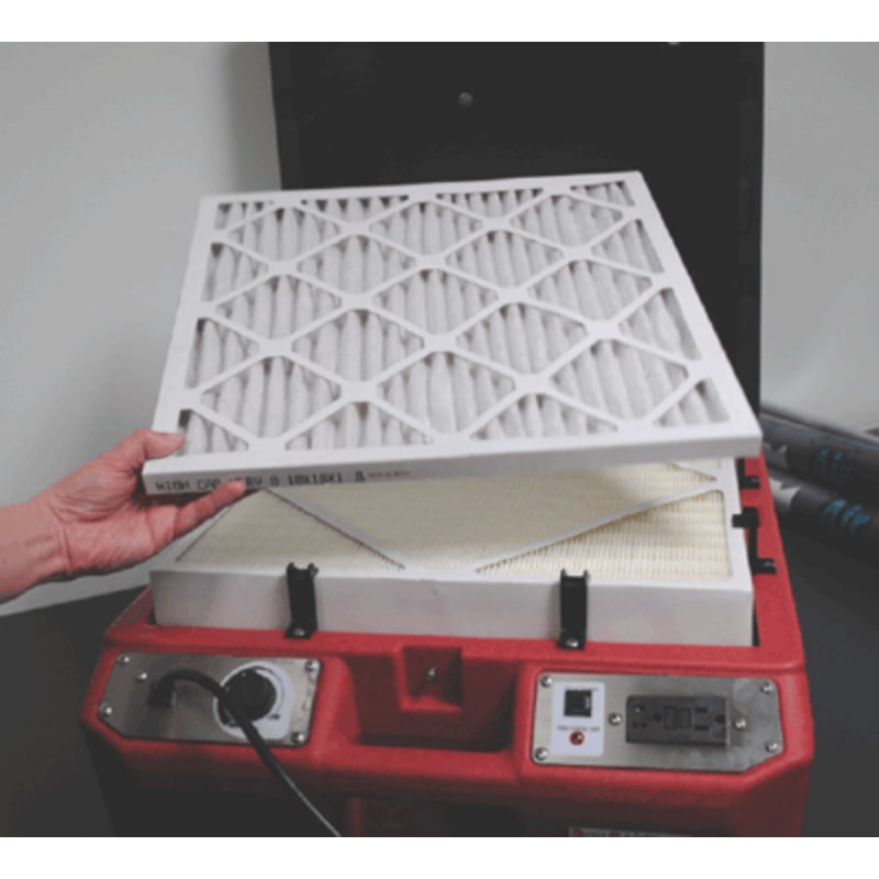 phoenix guardian r hepa air scrubber in red view of filter being changed