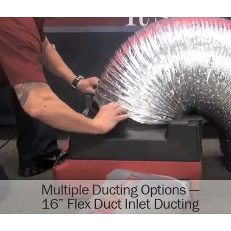 phoenix guardian r hepa air scrubber in red view of 16" flex duct inlet ducting