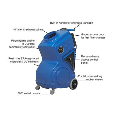 pred1200 portable air scrubber view with labels noting the various features of the machine