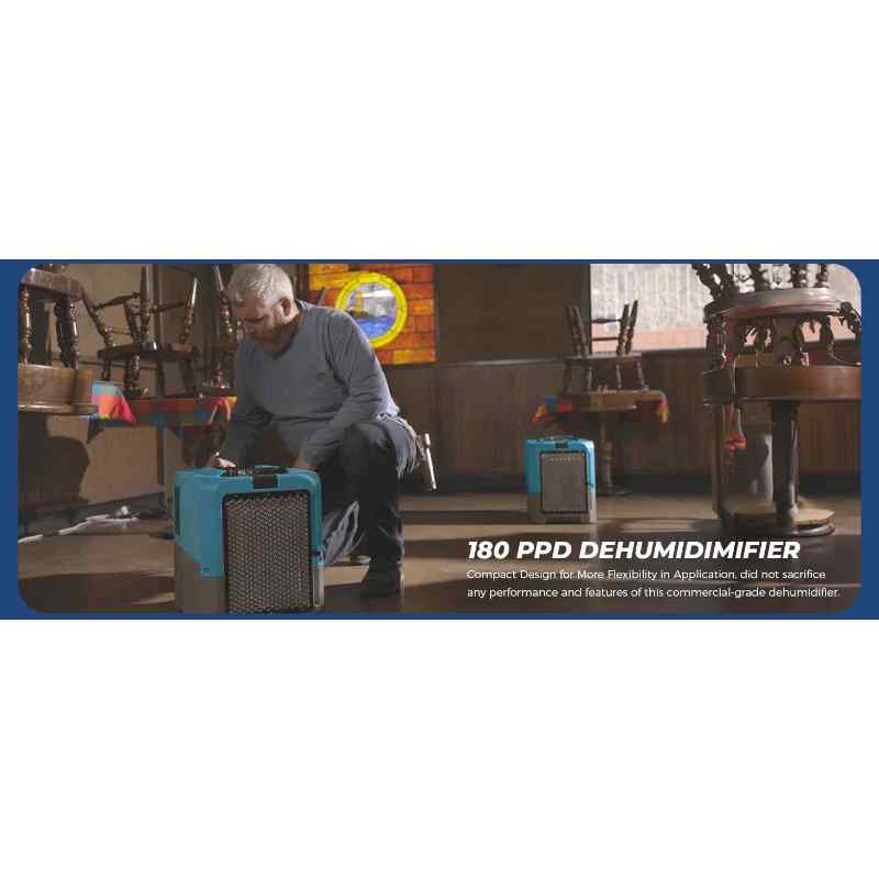 alorair storm extreme lgr commercial dehumidifier in blue shown in a restaurant being used to dry after flood