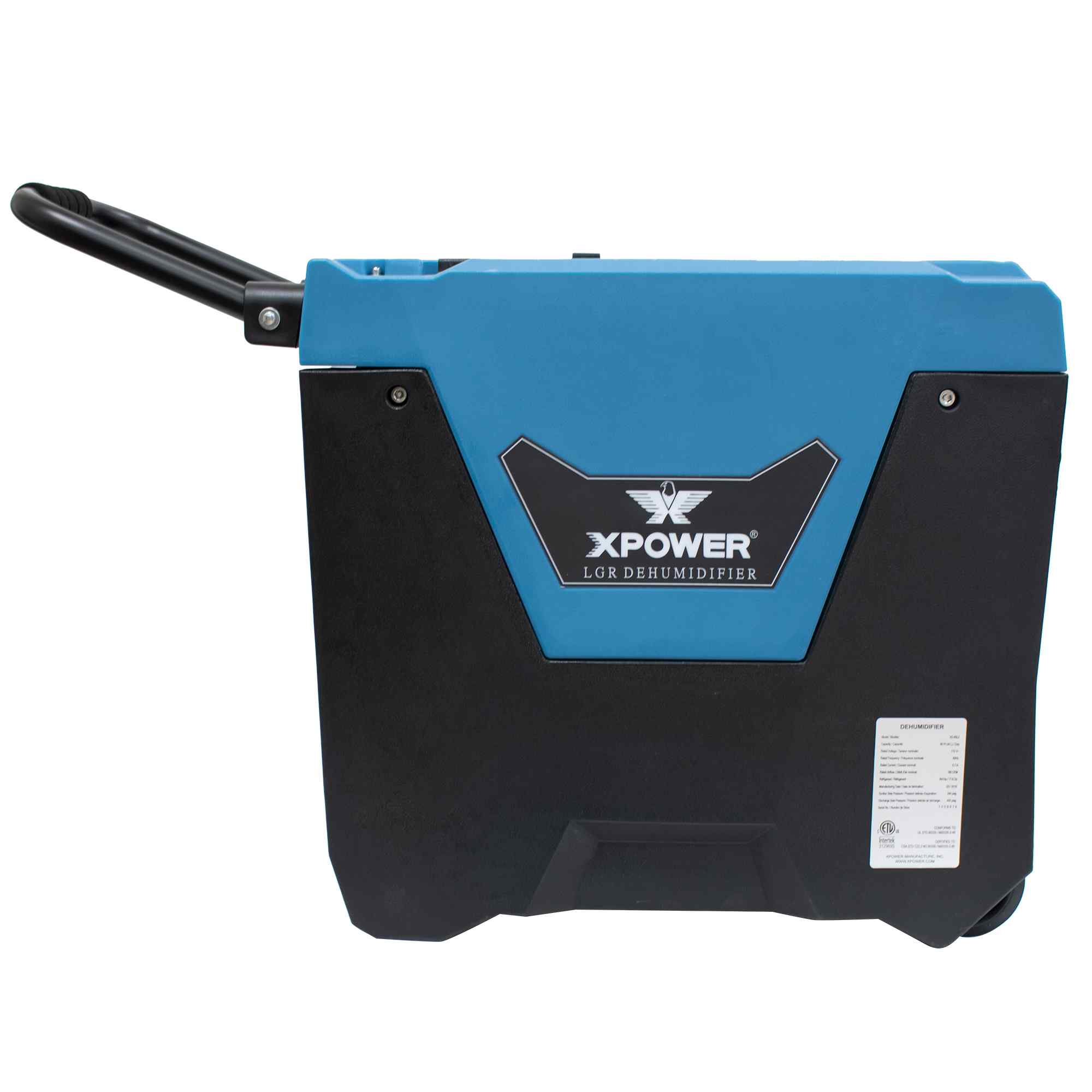 XPOWER water damage restoration kit 85L2 dehumidifier side view with handle extended