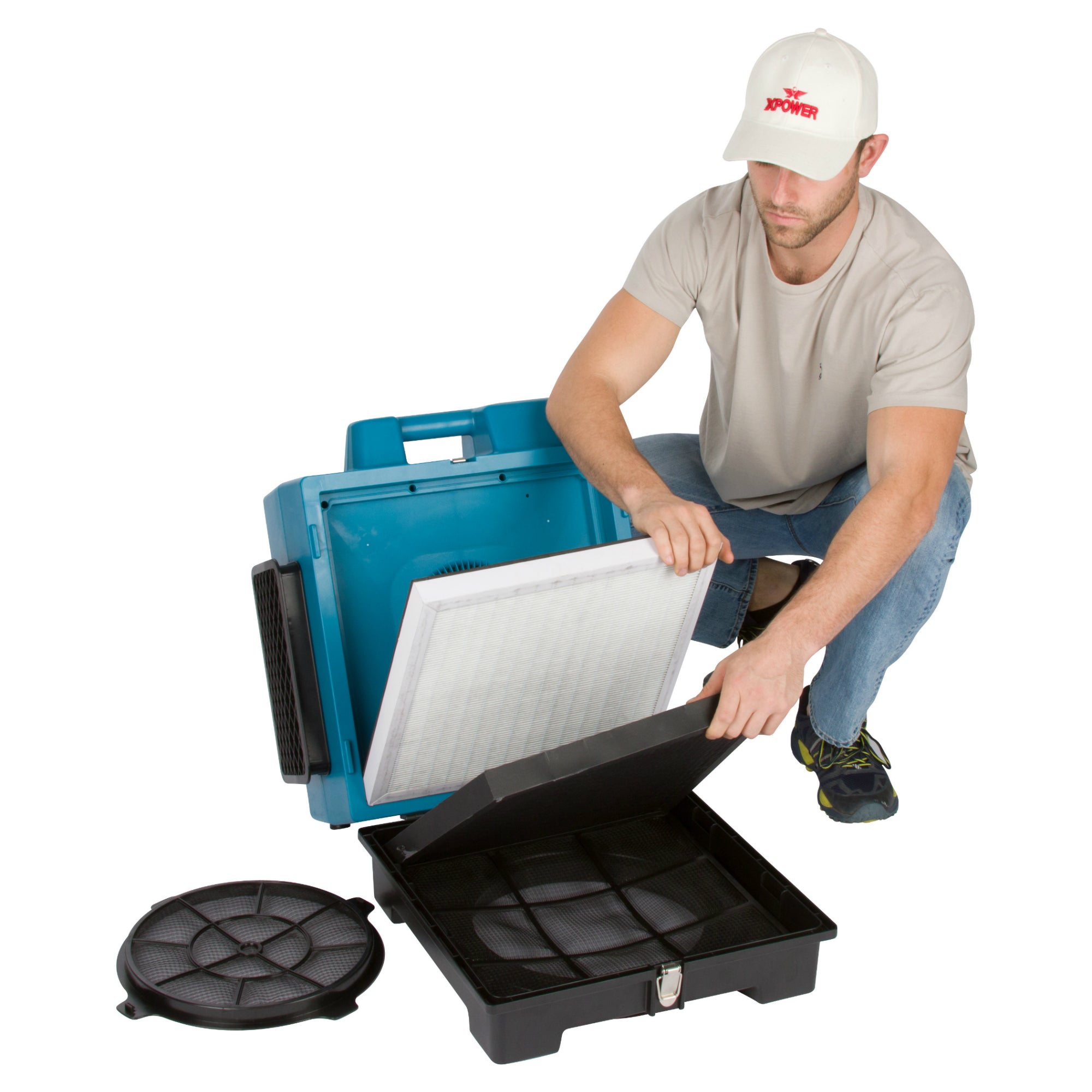 XPOWER X-2580 Professional 4-Stage HEPA Mini Air Scrubber man changing filters