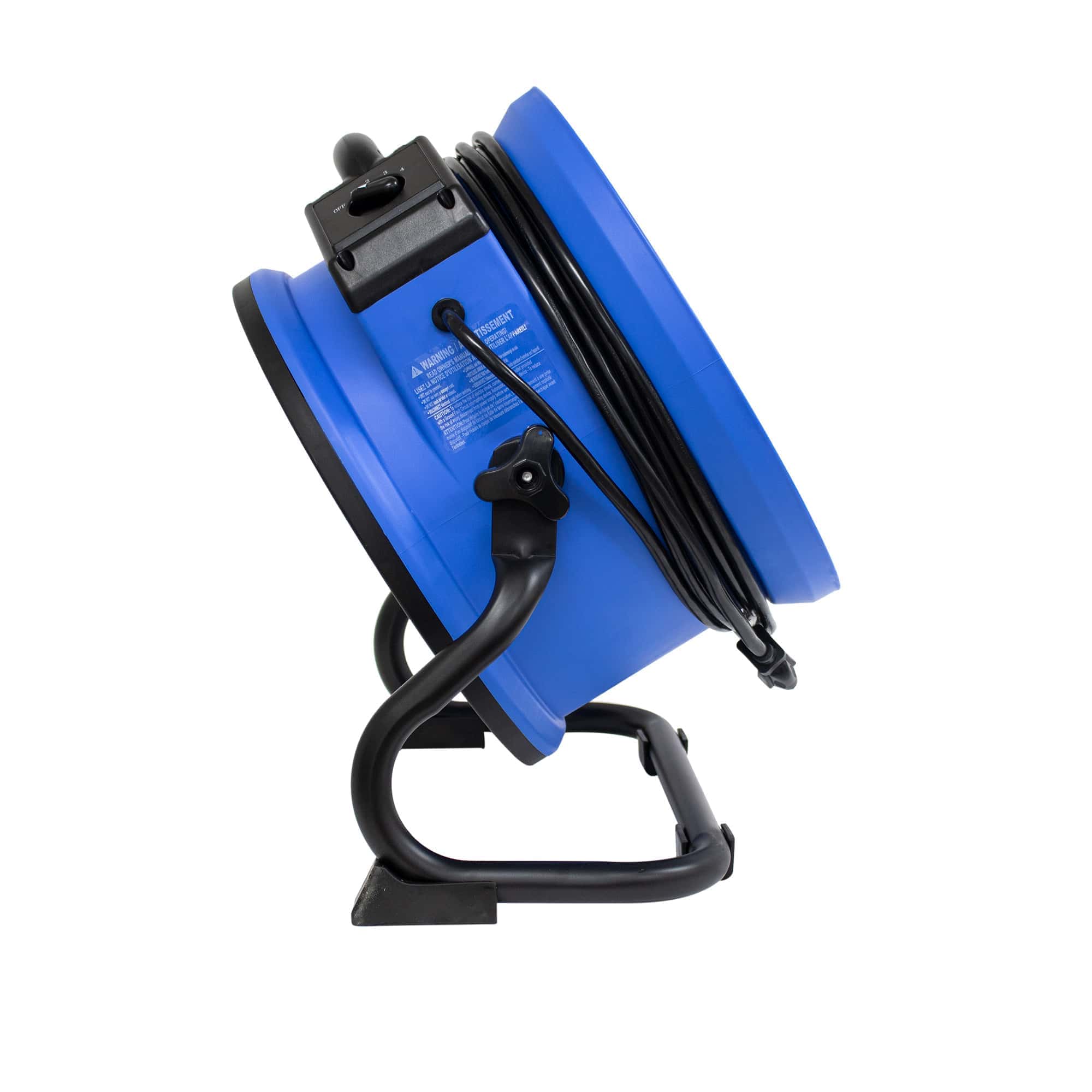 side view showing an upward drying angle of a blue XPOWER P-39AR Professional Axial Fan