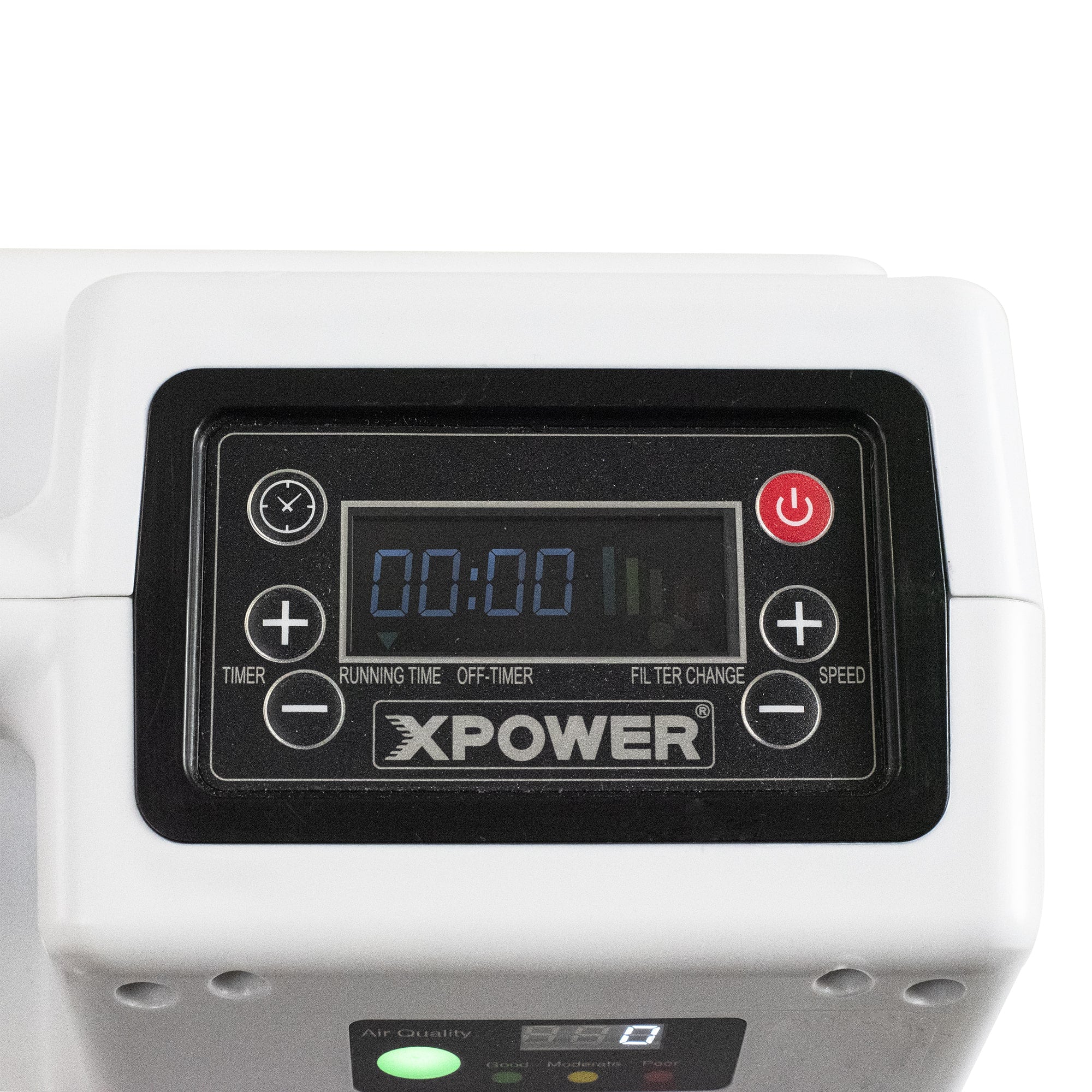 control panel on a white XPOWER X-2830 Professional 4-Stage HEPA Air Scrubber - 550 CFM