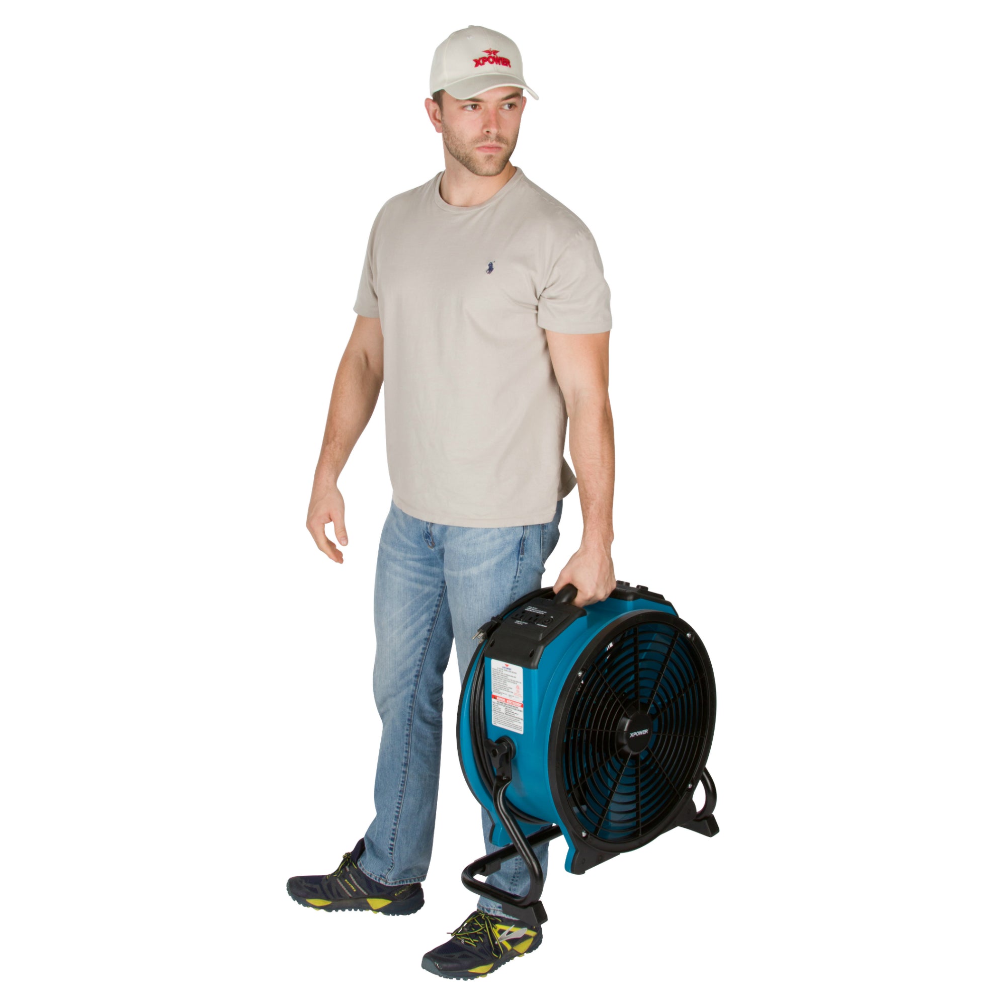 XPOWER X-47ATR Professional Sealed Motor Axial Fan (1/3 HP) man holding the fan