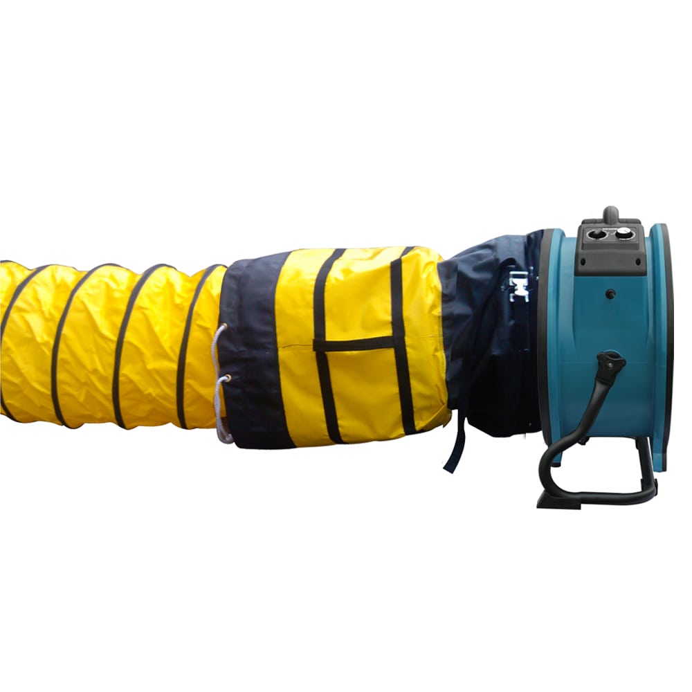 XPOWER 16DH25 25 Ft. Ducting Hose 16 Inch. Diameter side view showing it attached to an axial fan
