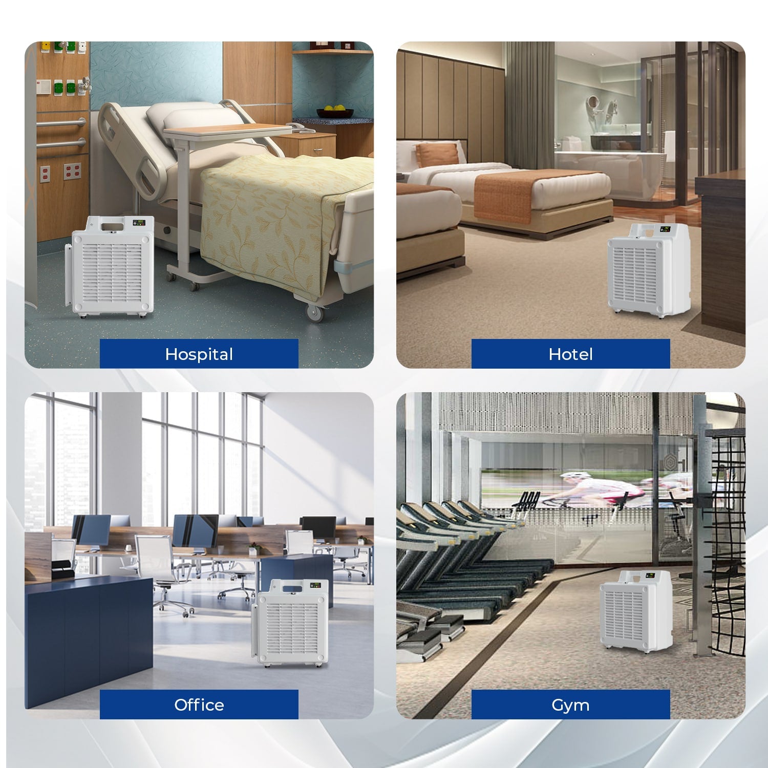 4 images of different locations where a XPOWER X-2830 Professional 4-Stage HEPA Air Scrubber - 550 CFM could be used such as hospital hotel office and gym
