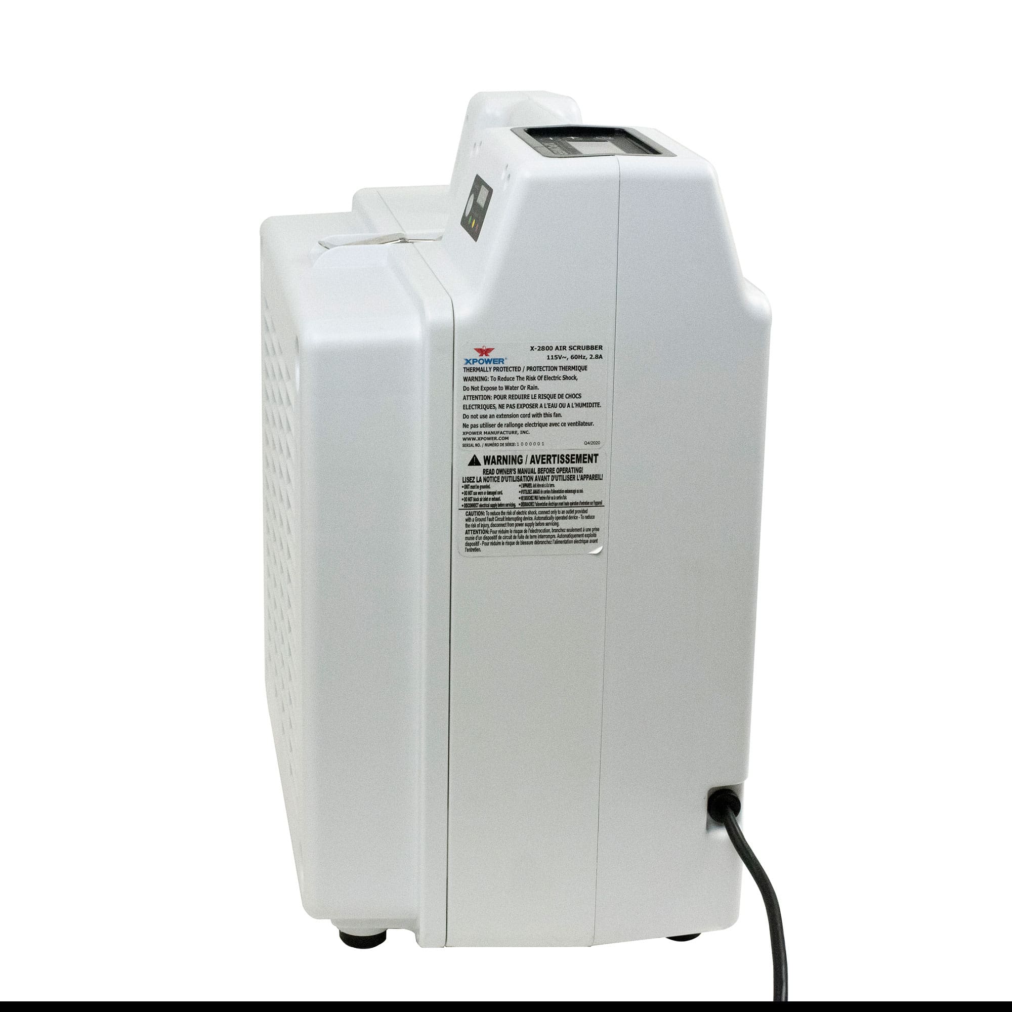 back side view of a XPOWER X-2800 Professional 3-Stage HEPA Air Scrubber - 550 CFM showing the warning labels