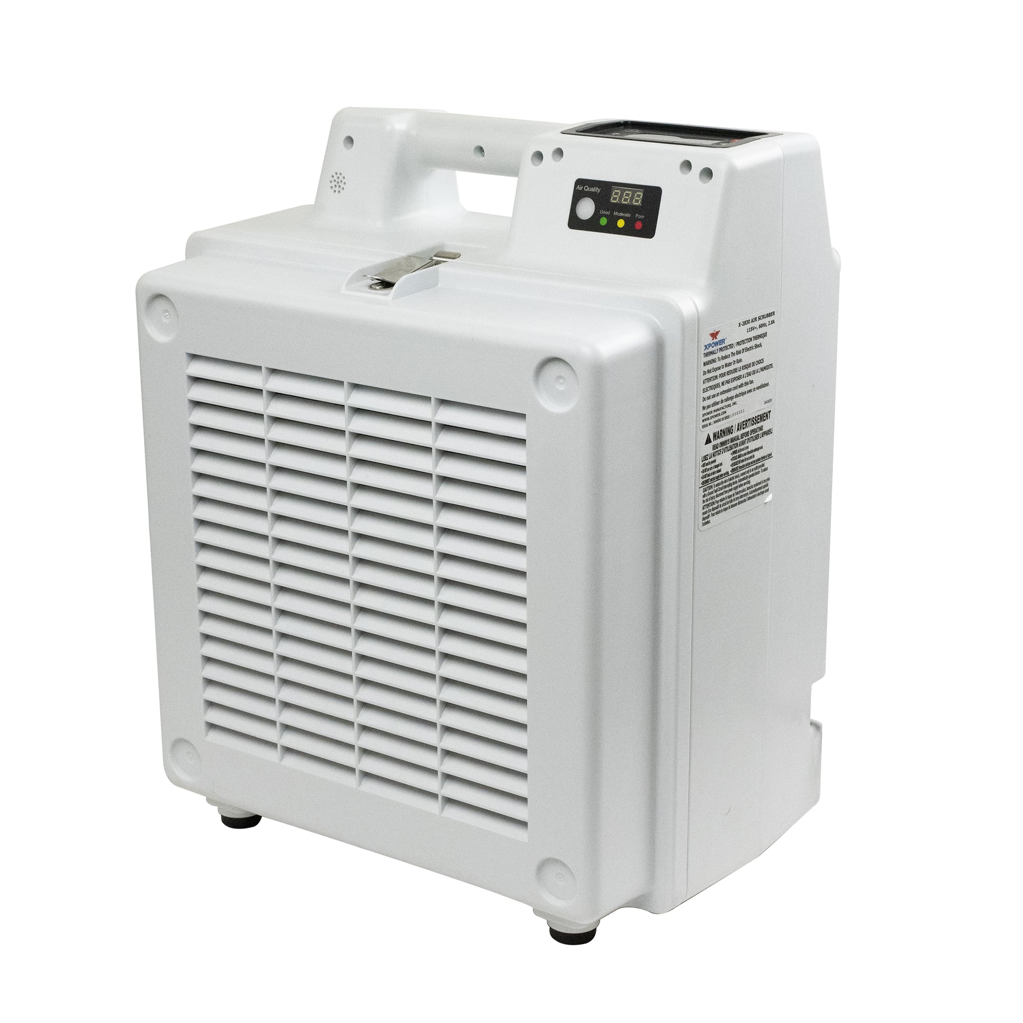 right angled view of a white XPOWER X-2830 Professional 4-Stage HEPA Air Scrubber - 550 CFM