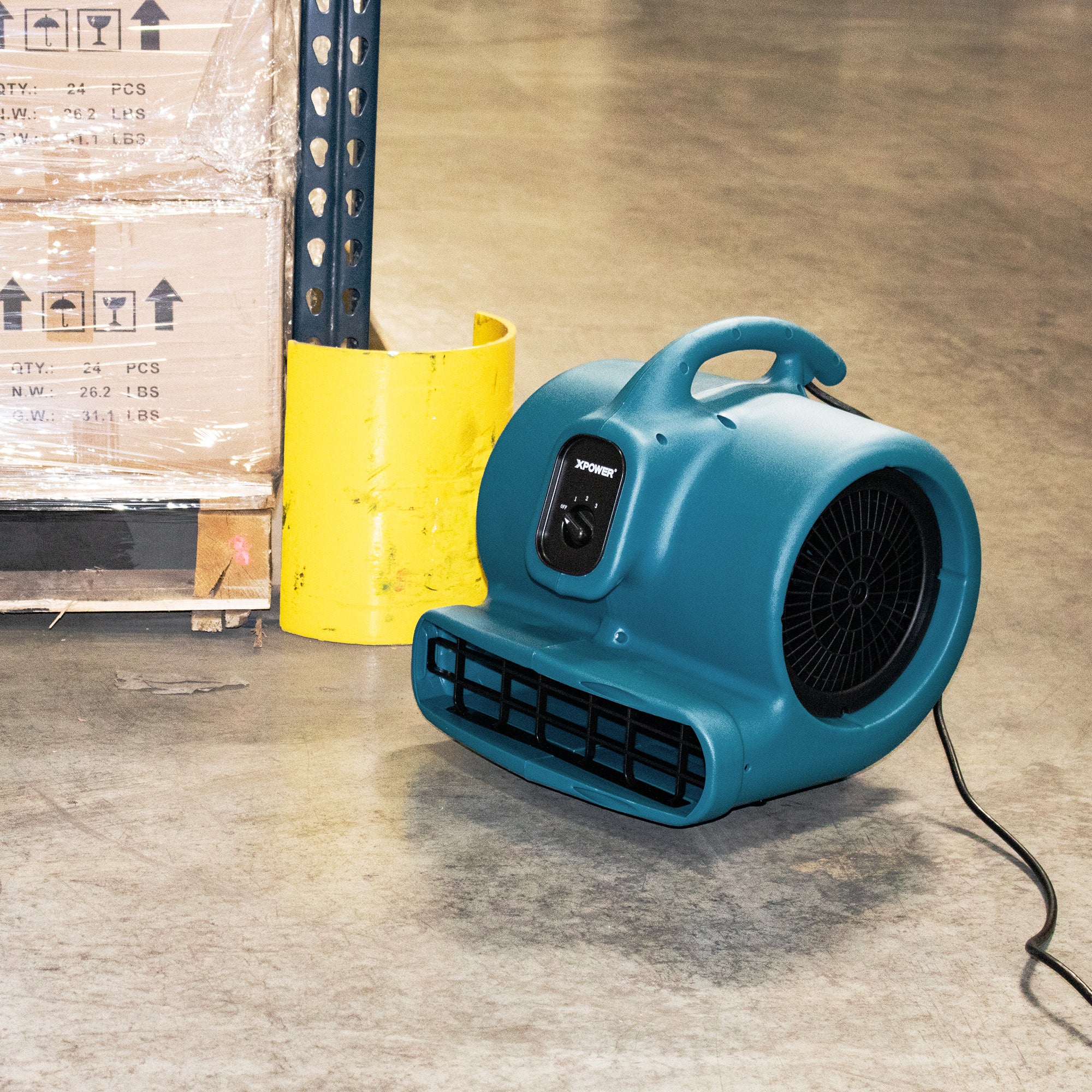 warehouse view of XPOWER P-630 1/2 HP 3 Speed Air Mover, Carpet Dryer, Floor Fan, Blower - 2980 CFM 