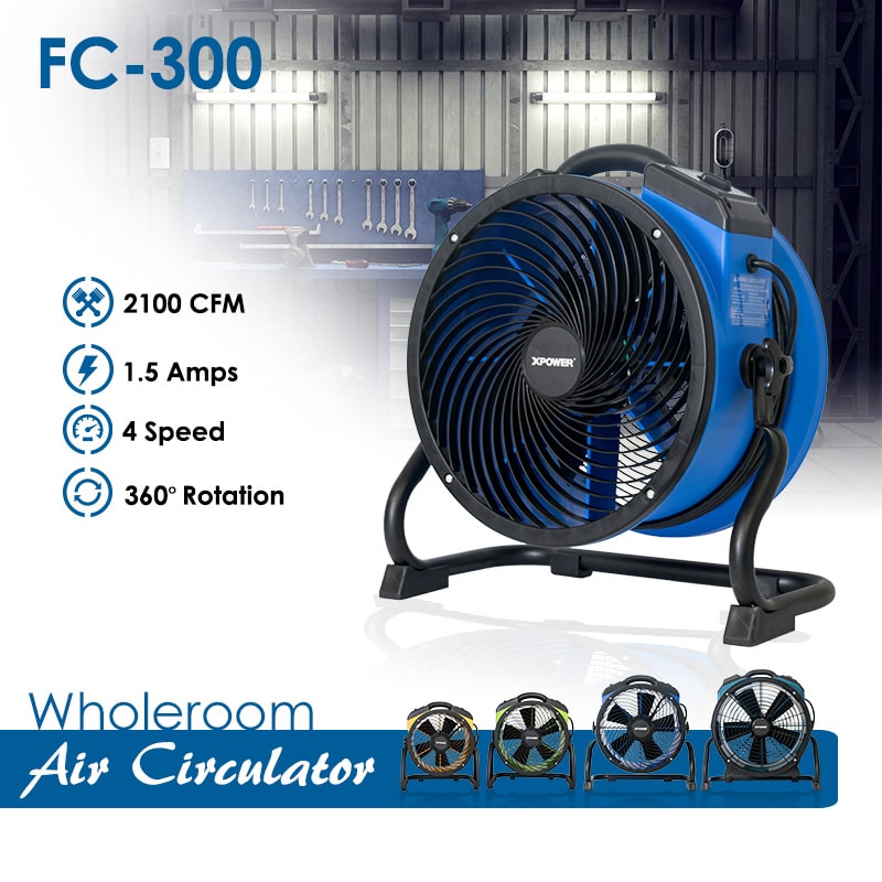 image of xpower fc 300 in blue and some features it has such as 2100 cfm