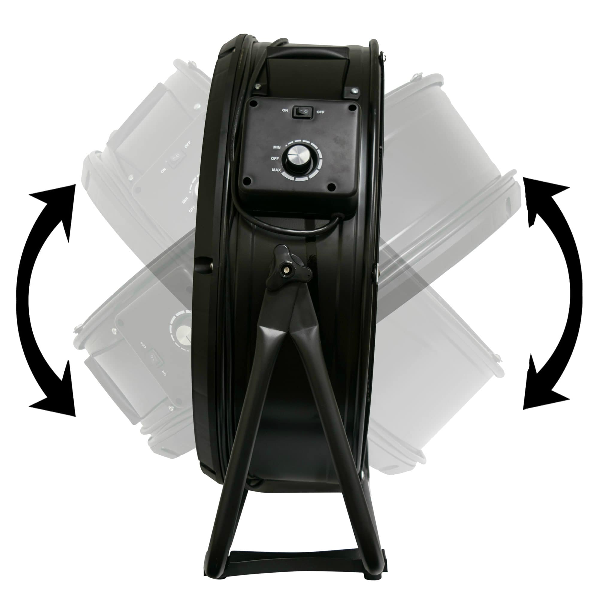 XPOWER FD-630D Brushless DC Motor High Velocity 24” Drum Fan side view showing 360 degree rotation