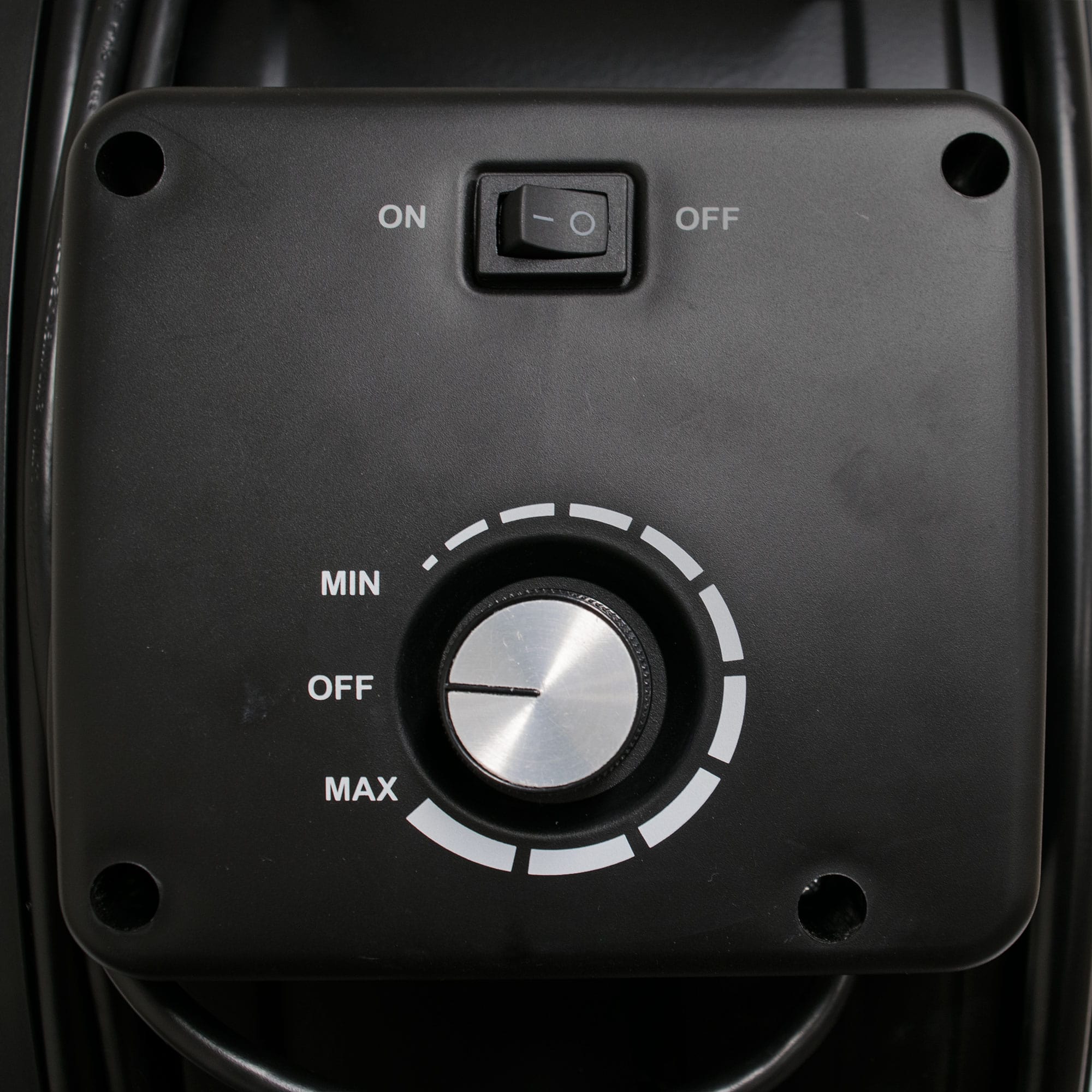 XPOWER FD-630D Brushless DC Motor High Velocity 24” Drum Fan close up view of variable speed knob and on off switch