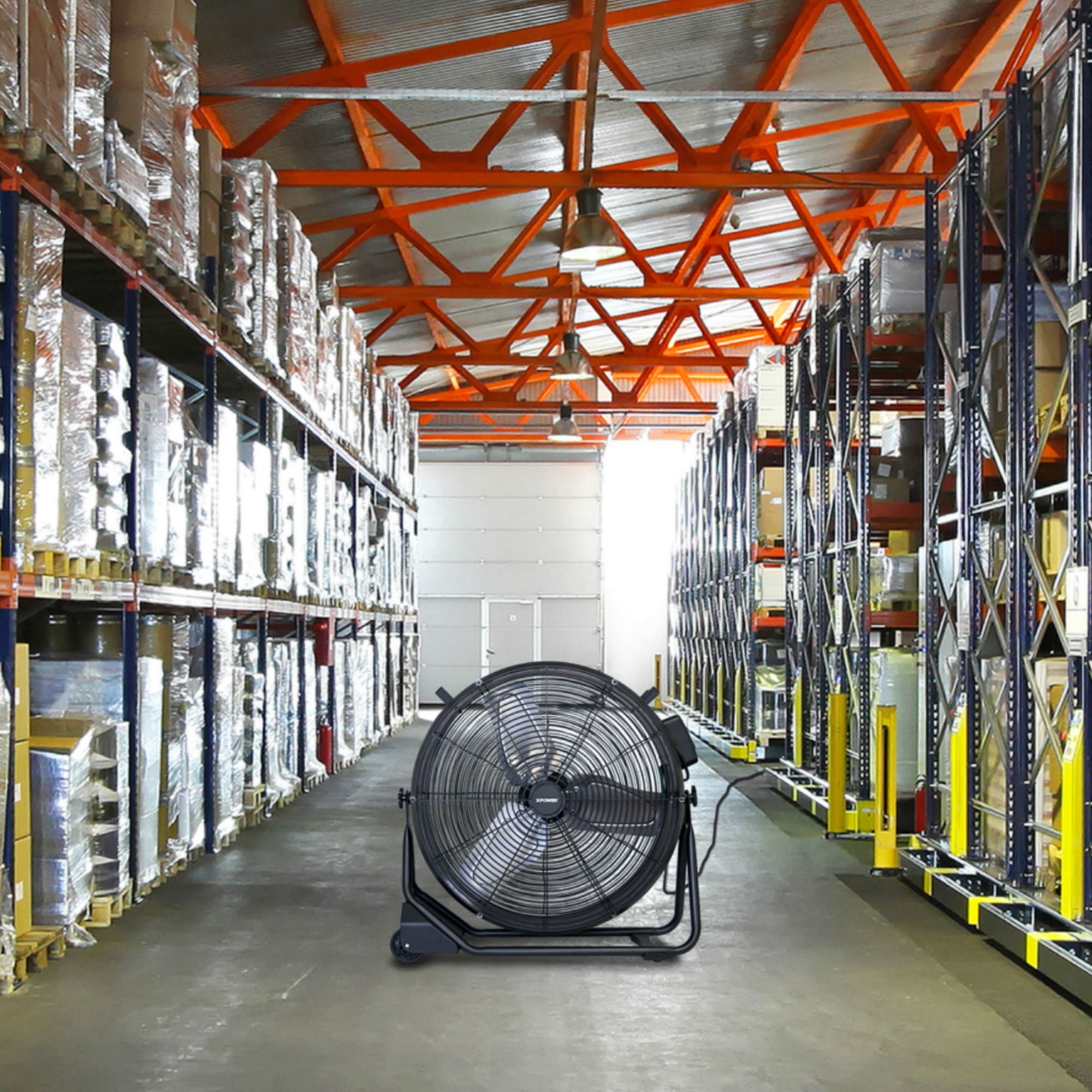 view of XPOWER FD-630D Brushless DC Motor High Velocity 24” Drum Fan in a warehouse