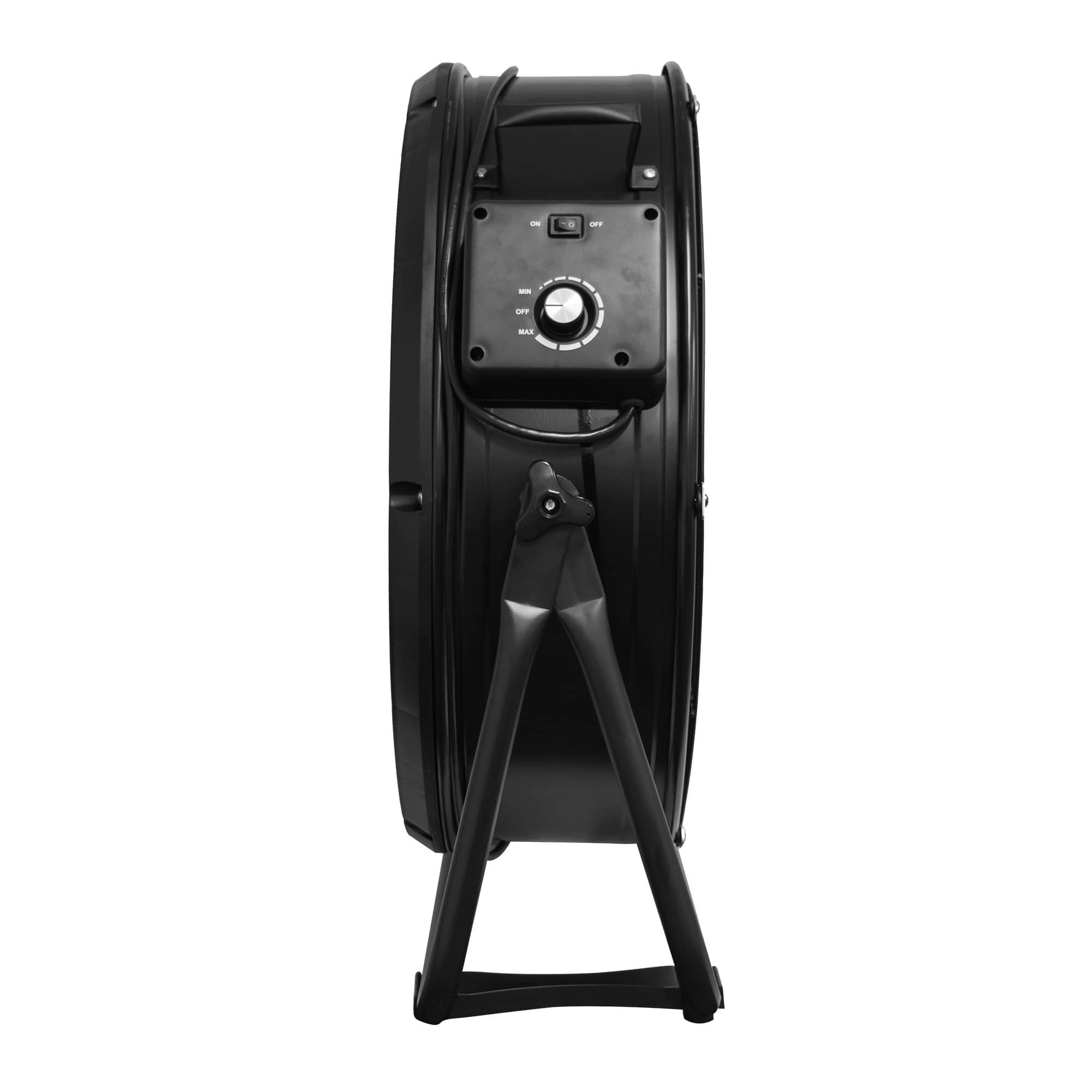 side view of XPOWER FD-630D Brushless DC Motor High Velocity 24” Drum Fan in black