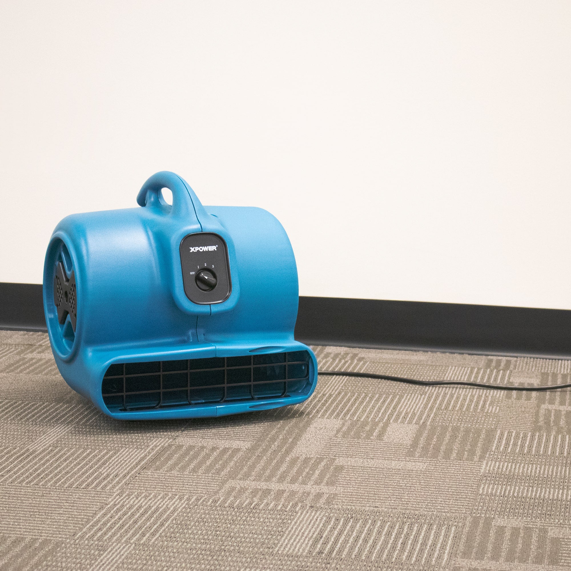 xpower p 830 in blue view showing airm mover drying carpet floor