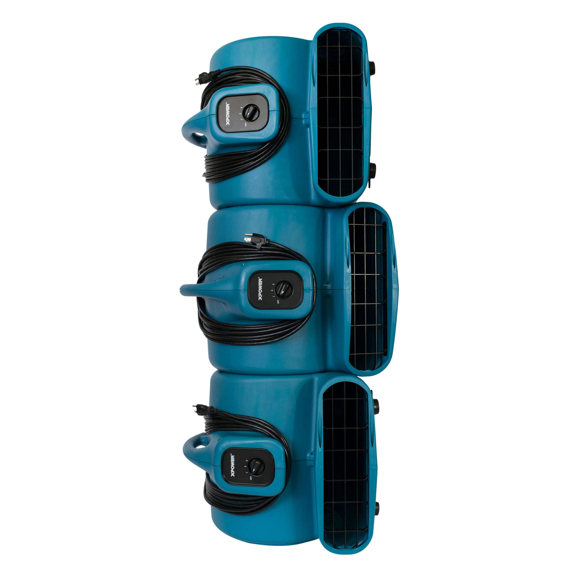 xpower p 830 air mover in blue view showing 3 units stacked for storage or transport