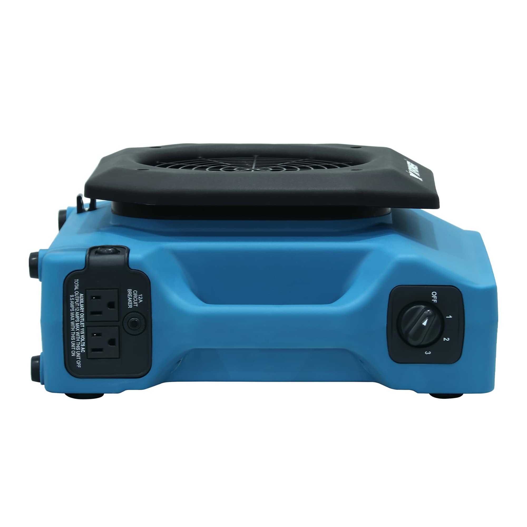view of the daisy chain outlets and adjustable speed knob on a xpower pl 650a professional low profile air mover in blue