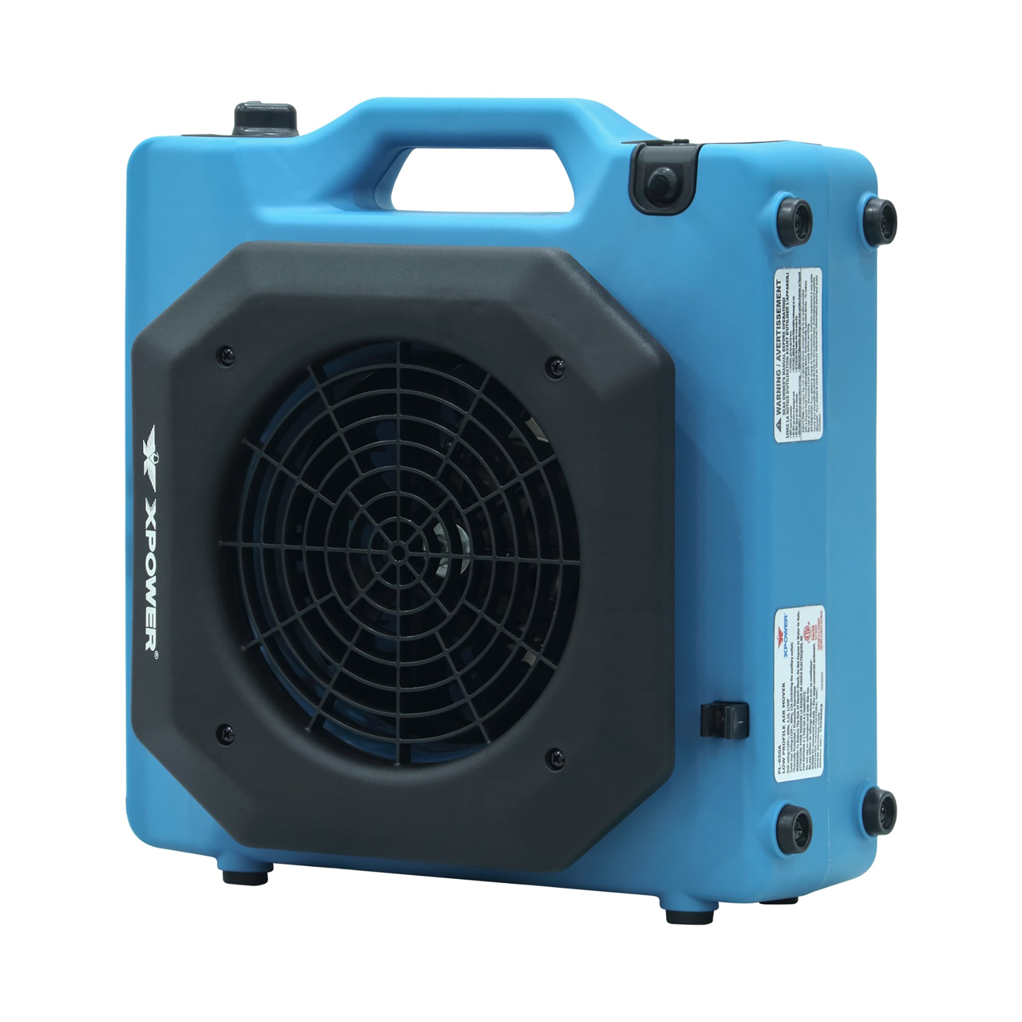 top angled view of a xpower pl 650a professional low profile air mover in blue
