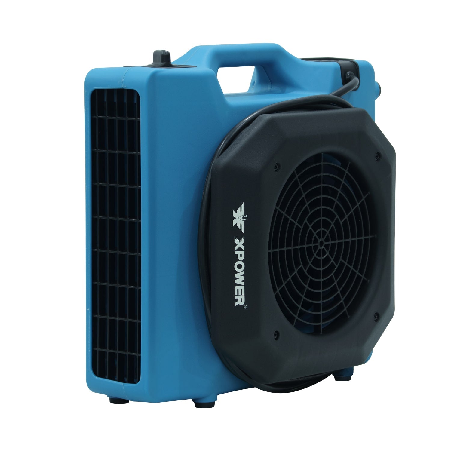 top side angled view of a xpower pl 650a low profile air mover in blue