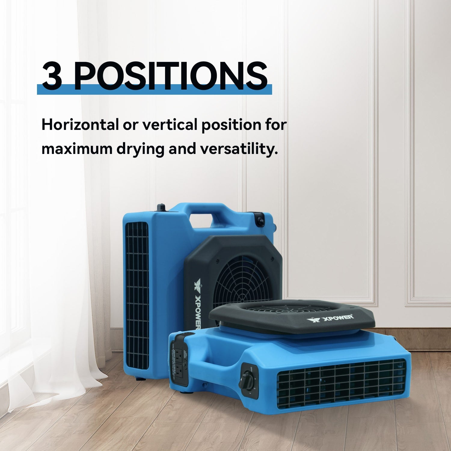 infogram of the 3 positions that can be used with a xpower pl 650a low profile air mover in blue