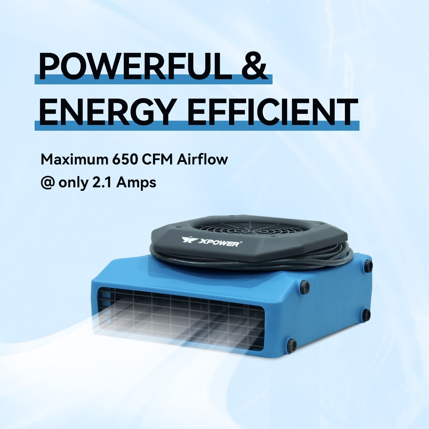 infogram discussing the power and efficiency of a xpower pl 650a low profile air mover in blue
