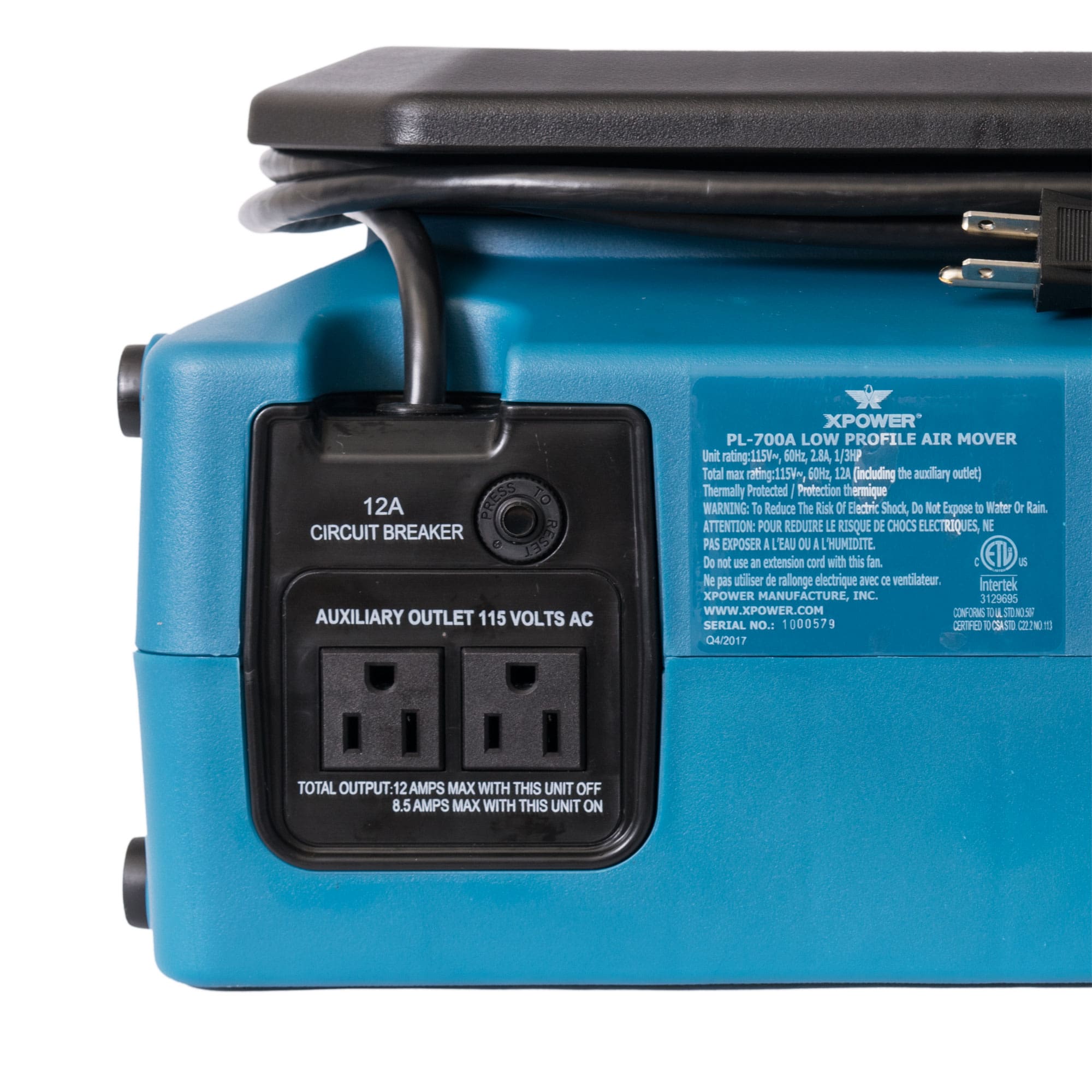 xpower pl 700a low profile air mover in blue back view showing close up of daisy chain outlets