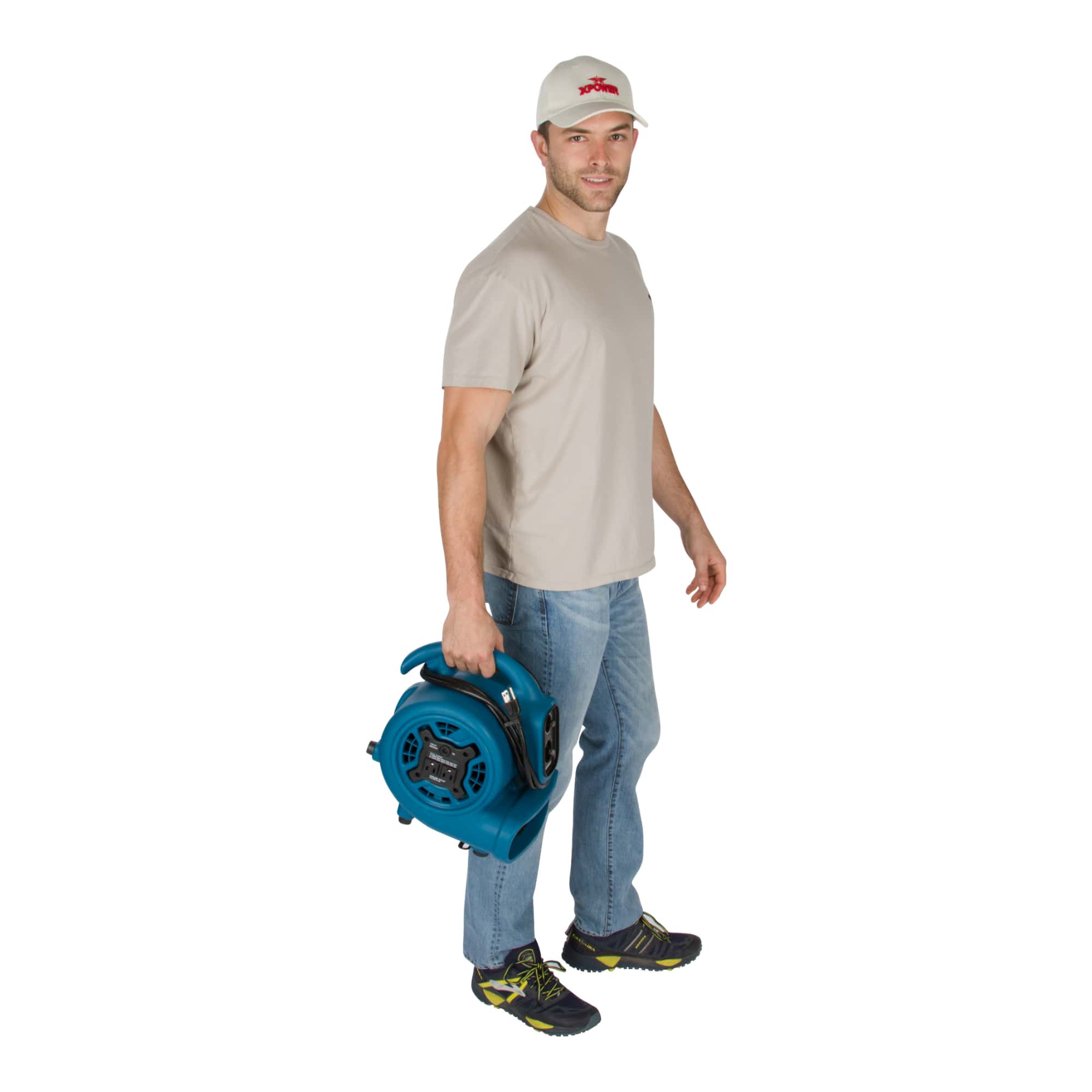 man holding blue xpower p 230at