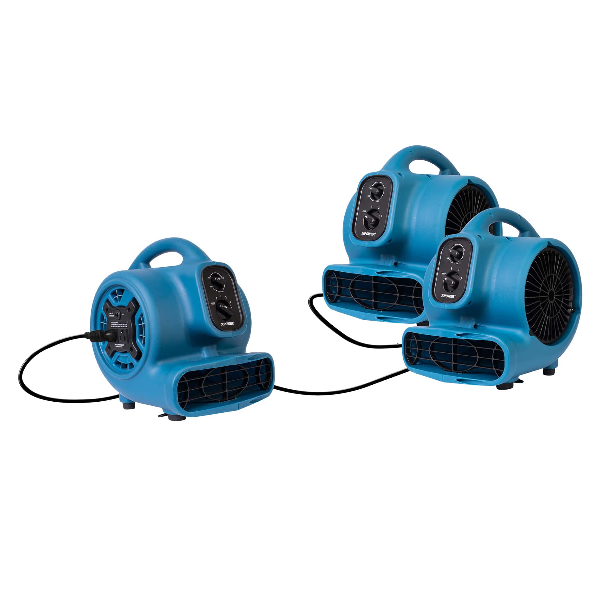 daisy chain view of 3 blue xpower p 230at air movers