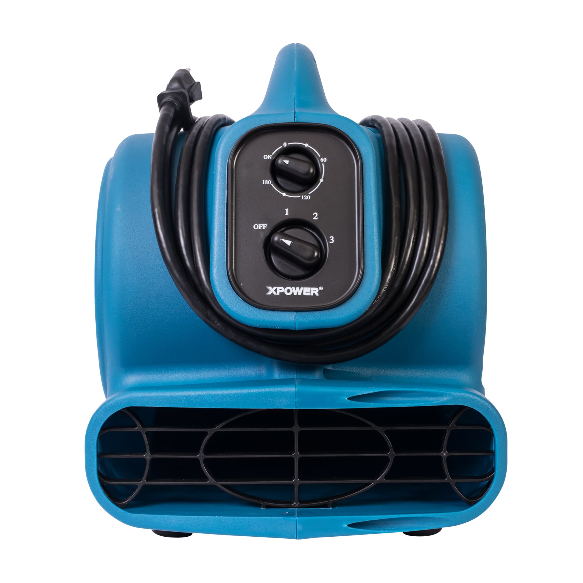 front view of a blue xpower p 230at air mover with cord wrapped around for storage