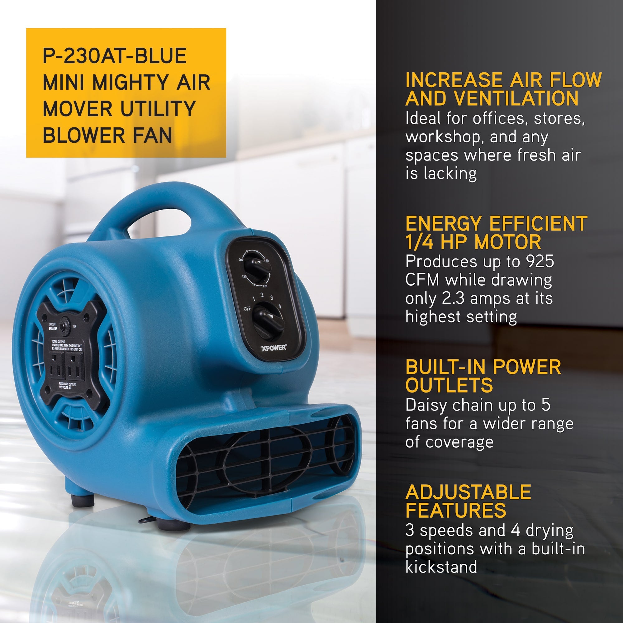 image of a blue xpower air mover p 230at with text describing its features