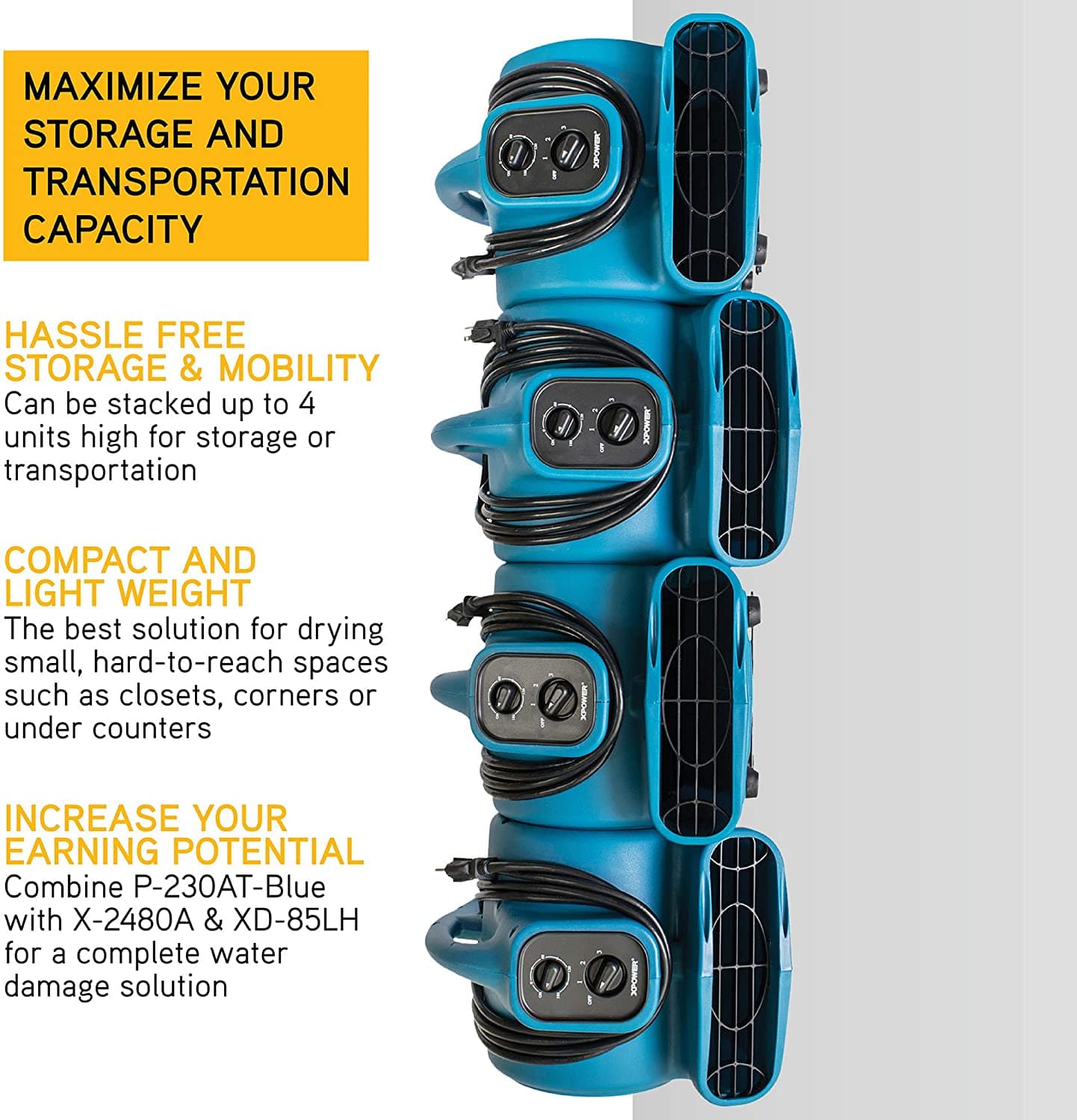 view of 4 xpower air mover p 230at units in blue being stacked for storage and transport