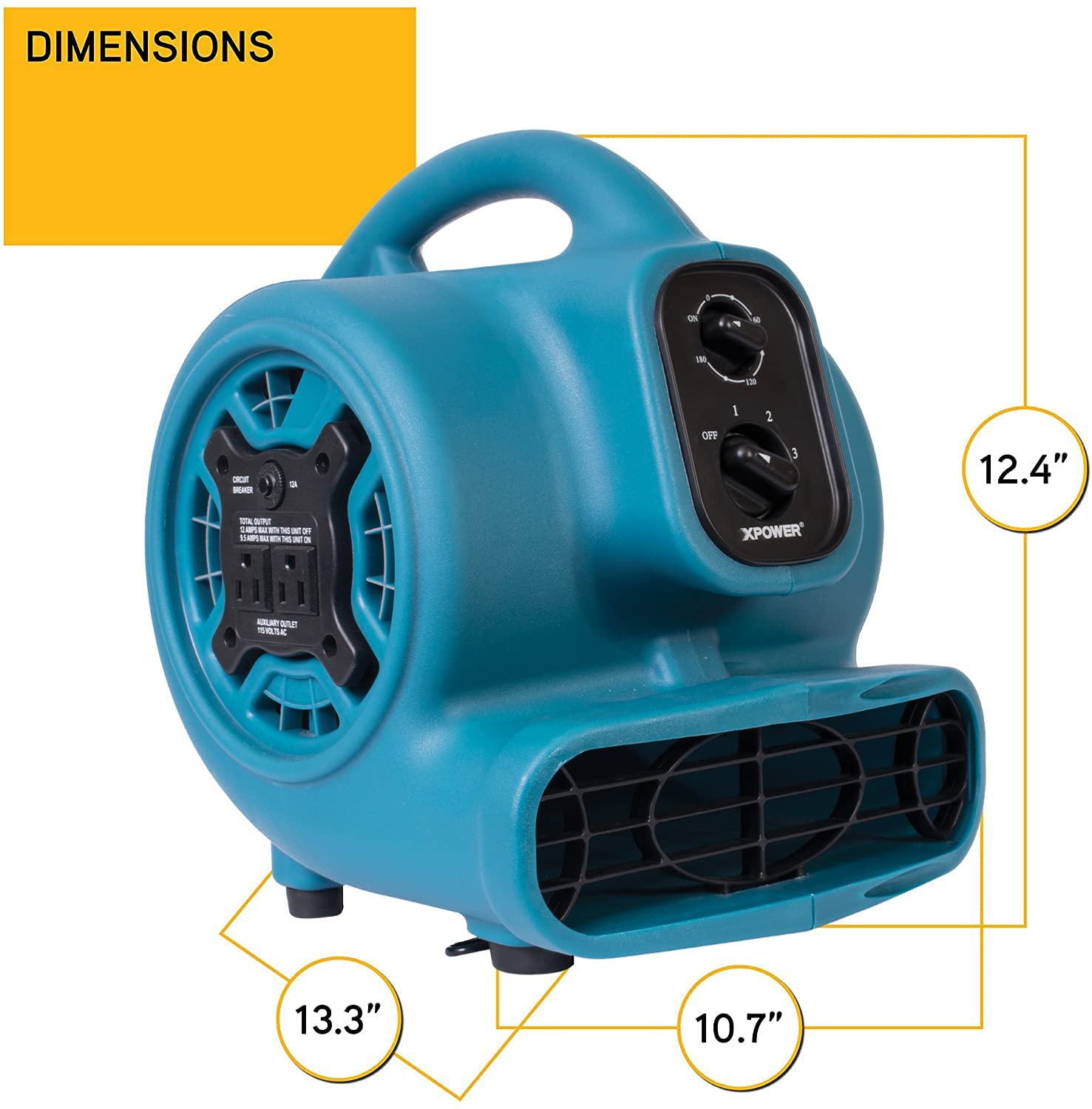 image showing dimensions of a blue xpower p 230at