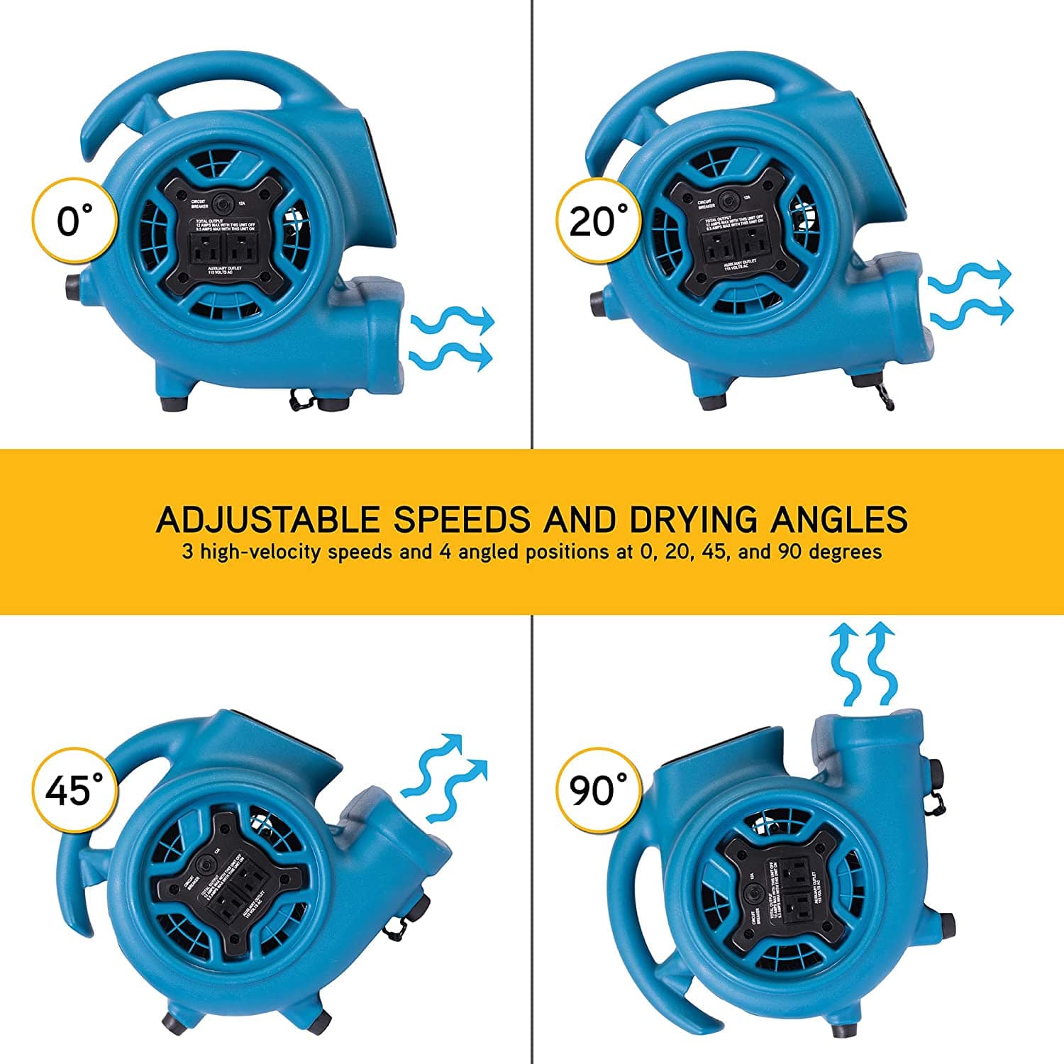 image showing the 4 drying angles and adjustable speeds offered by the xpower p 230at in blue
