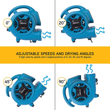 image showing the 4 drying angles and adjustable speeds offered by the xpower p 230at in blue