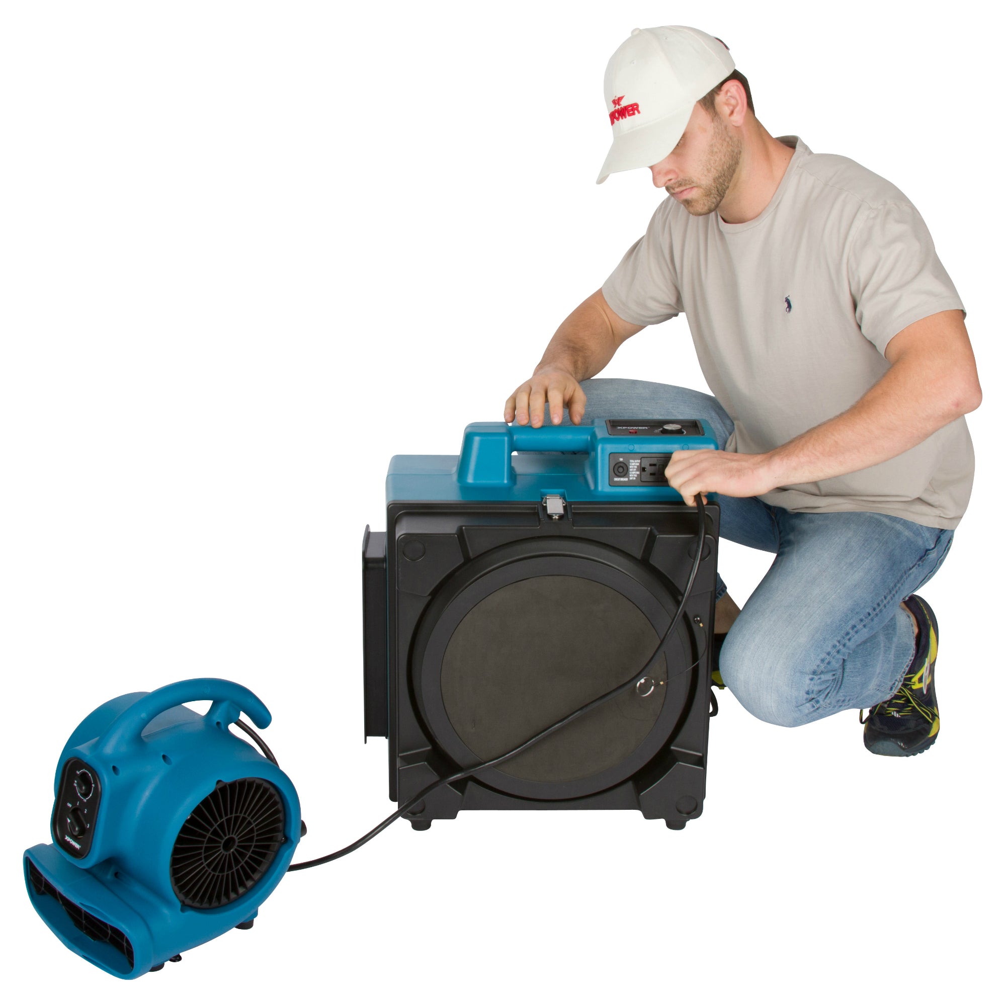 XPOWER X-3400A Professional 3-Stage HEPA Air Scrubber - 600 CFM attaching air mover to air scrubber