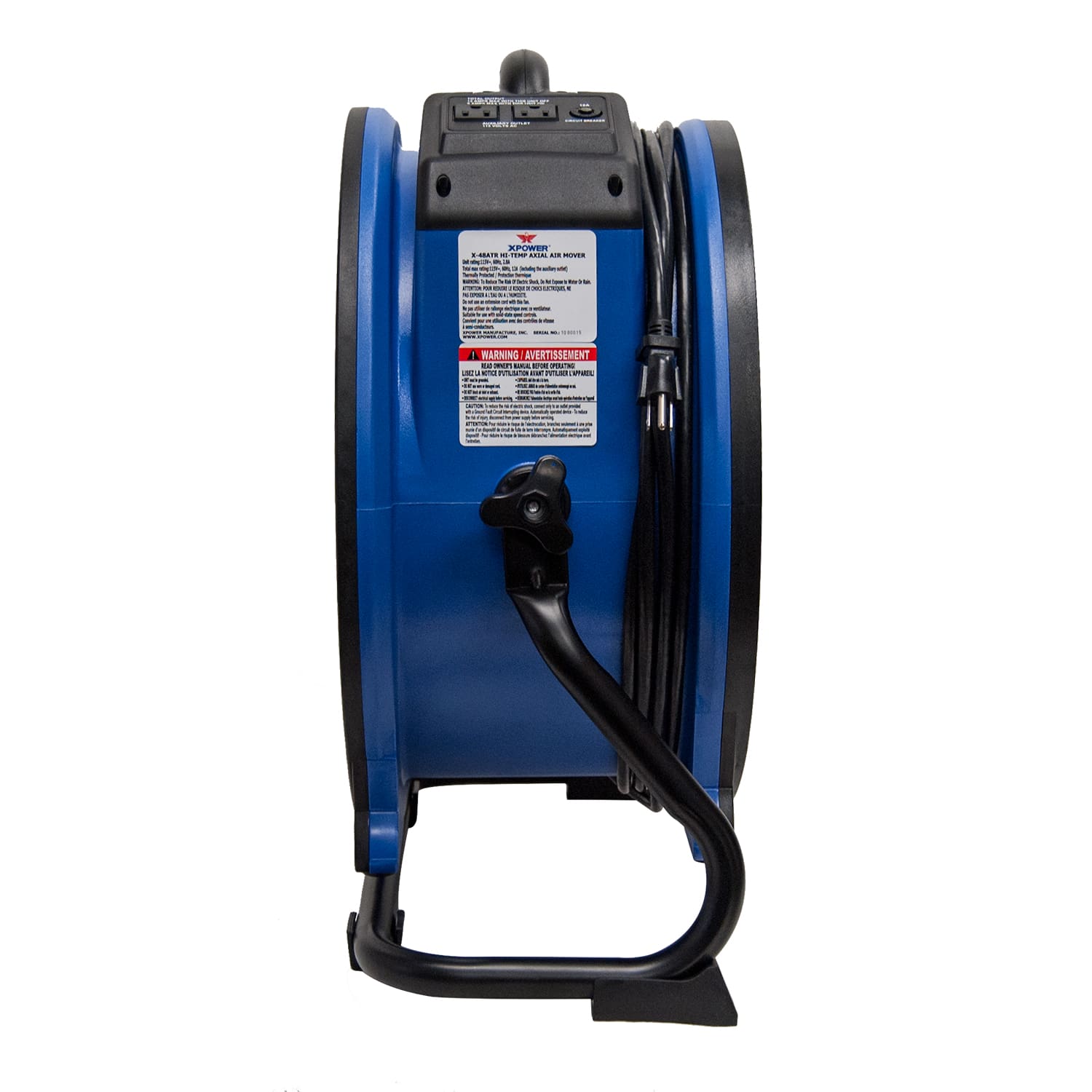 left side view of a blue xpower x 48atr axial fan