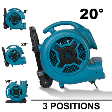 3 positions view of XPOWER X-830H 1 HP Air Mover w/ Telescopic Handle & Wheels
