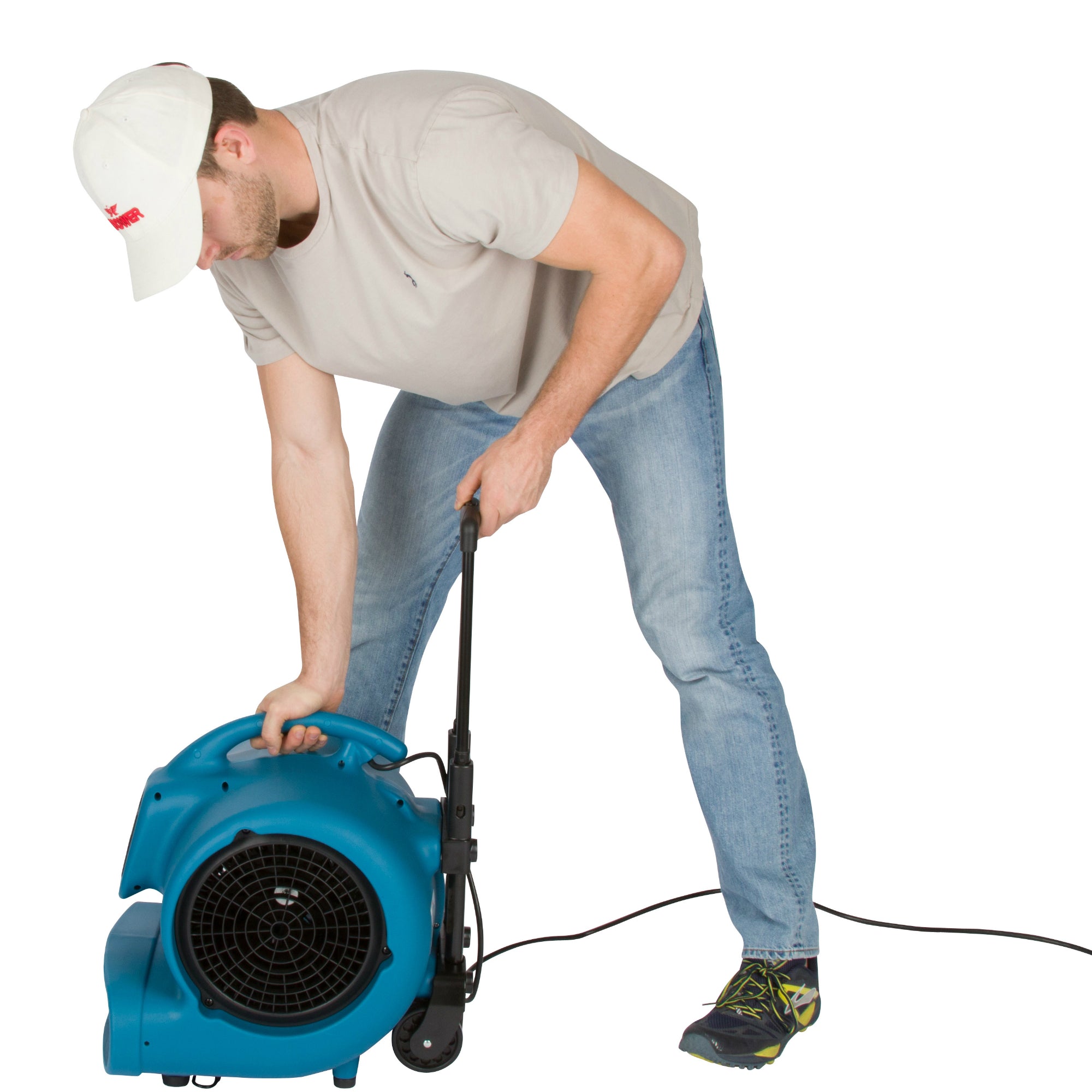 person holding XPOWER X-830H 1 HP Air Mover w/ Telescopic Handle & Wheels
